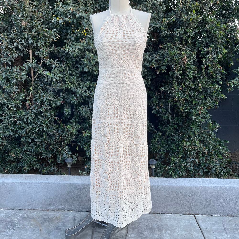 NEW House of Harlow 1960 Cream Beige Crochet Halter Maxi Dress Women Medium NWT